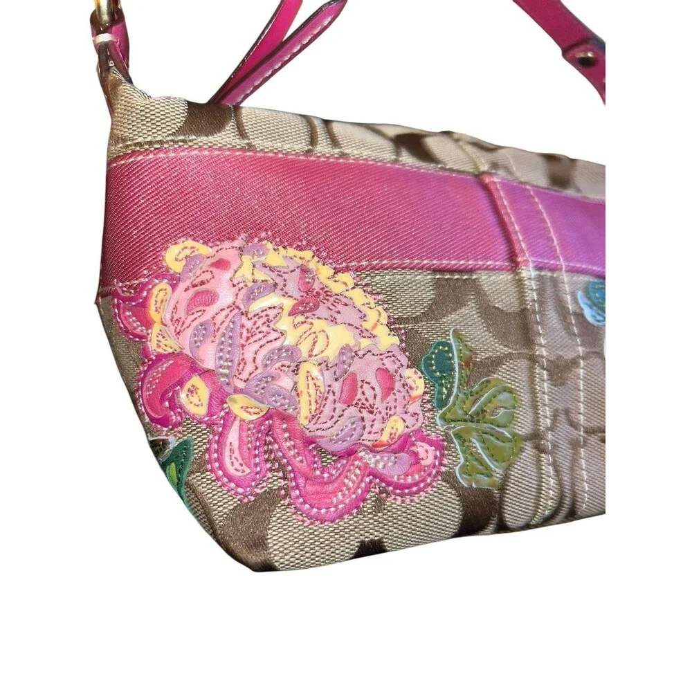 Coach Khaki Pink Signature C Rare Floral Appliqué Canvas Shoulder Bag 41420 Y2K